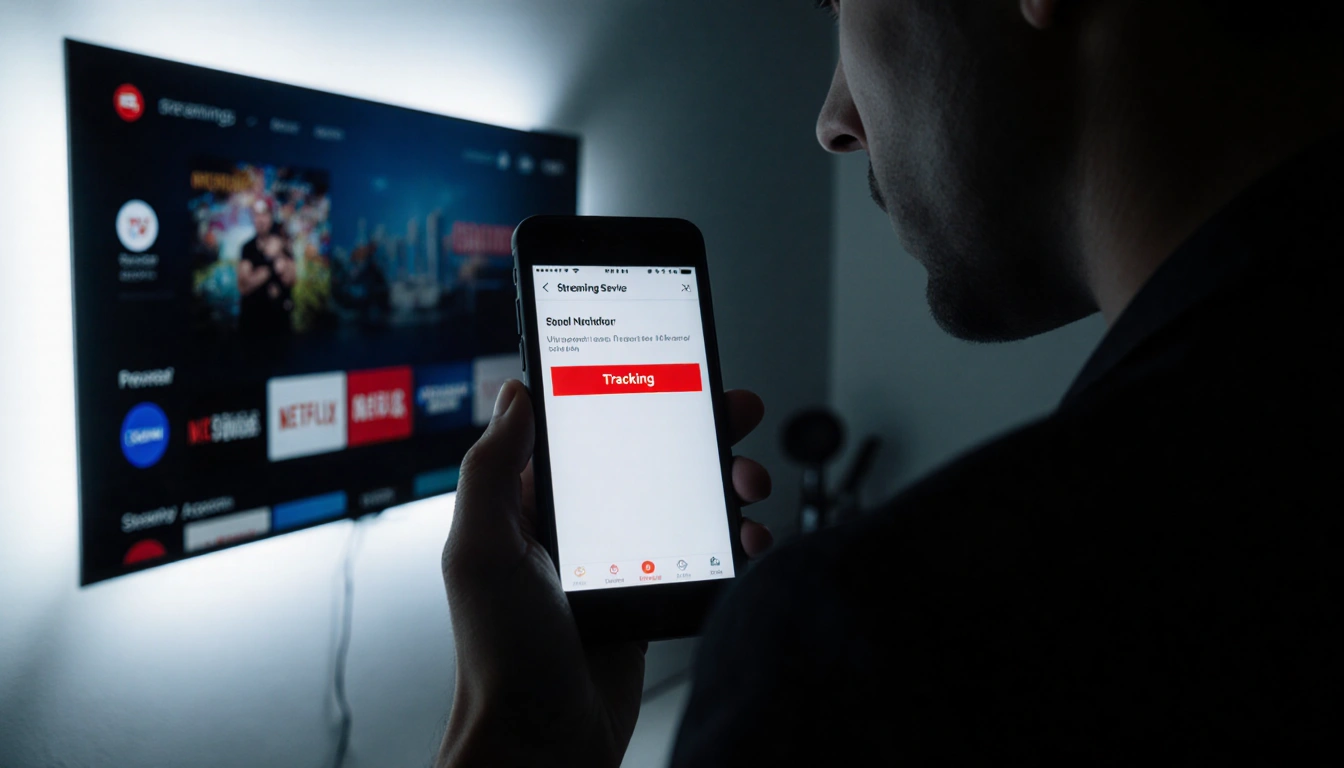 User peeking over smart TV with smartphone screen showing red Tracking notification and ominous LED glow