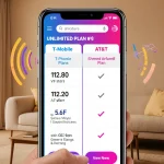 Smartphone screen shows comparison chart of three unlimited plans with 5G bars in a warm living room background