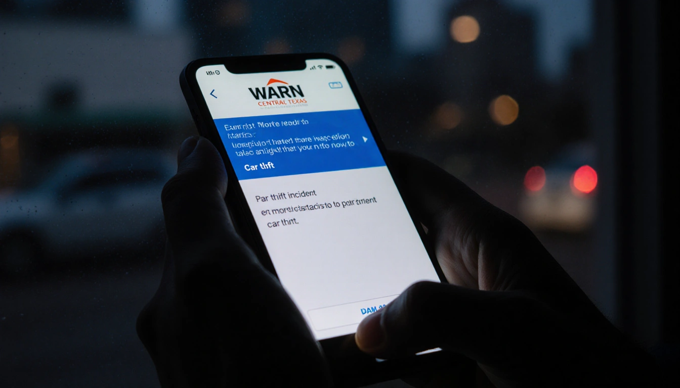 Hands gripping smartphone displaying urgent warning alert with dark morning cityscape and blurred car in background