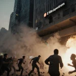 People running and screaming amid smoke grenades with Taipei Main metro crowd and Eslite Spectrum in chaos background