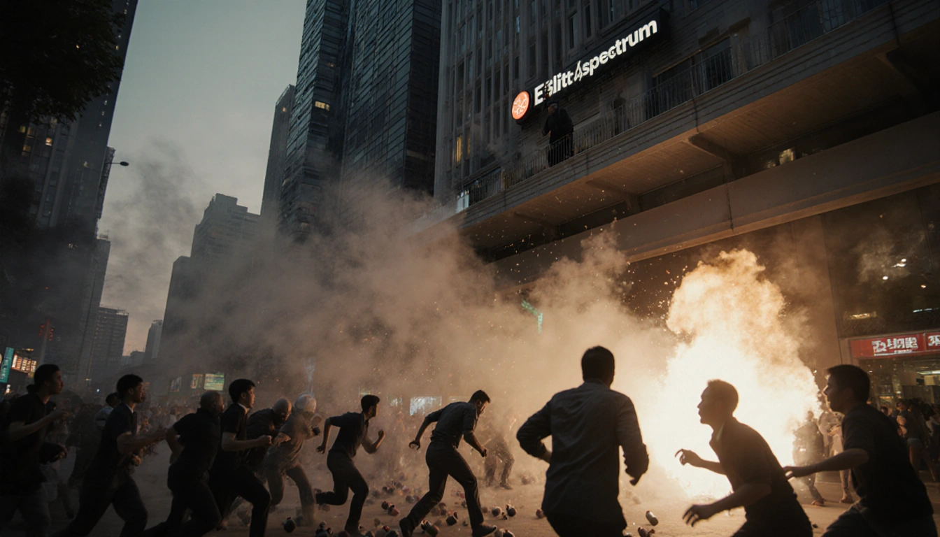People running and screaming amid smoke grenades with Taipei Main metro crowd and Eslite Spectrum in chaos background