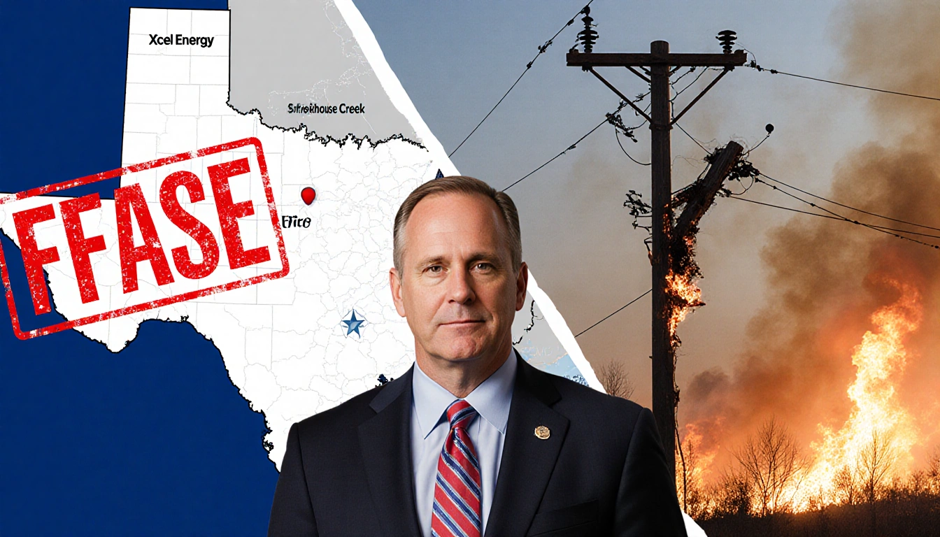 Ken Paxton standing before Texas map showing Smokehouse Creek Fire with broken utility pole and Xcel logo marked FALSE