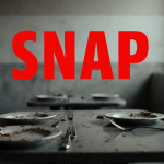 A dim cafeteria table shows worn plates with bold red SNAP lettering and a faint walking shadow in the background