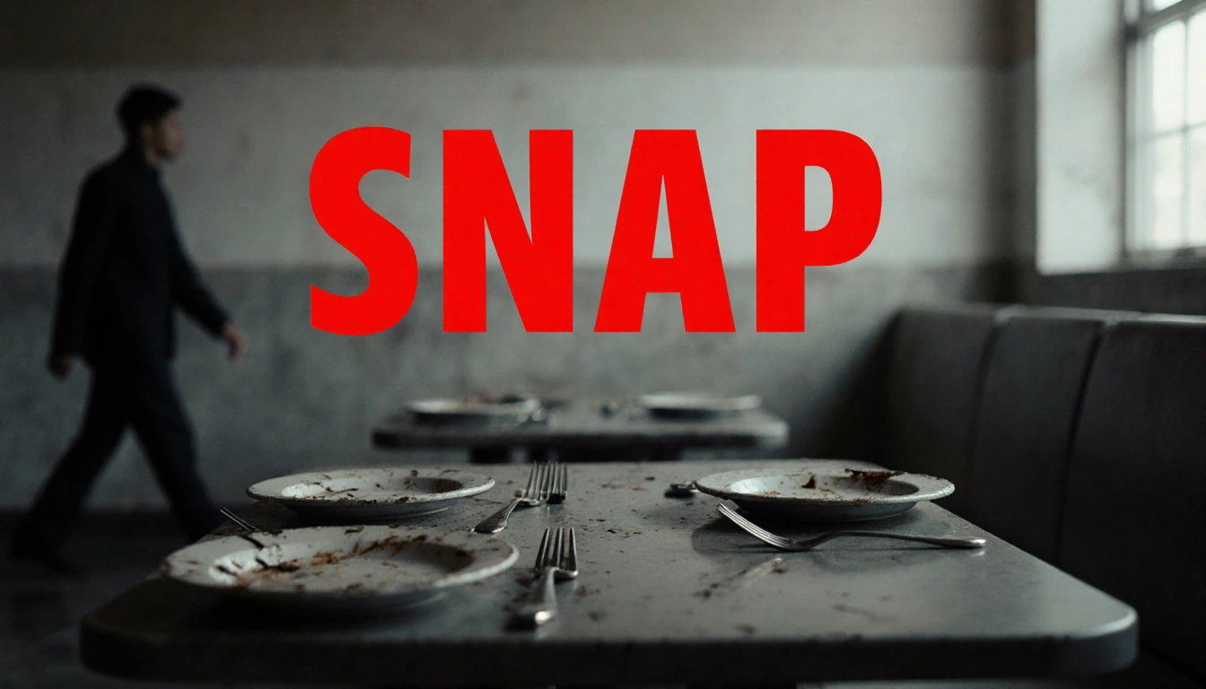 A dim cafeteria table shows worn plates with bold red SNAP lettering and a faint walking shadow in the background