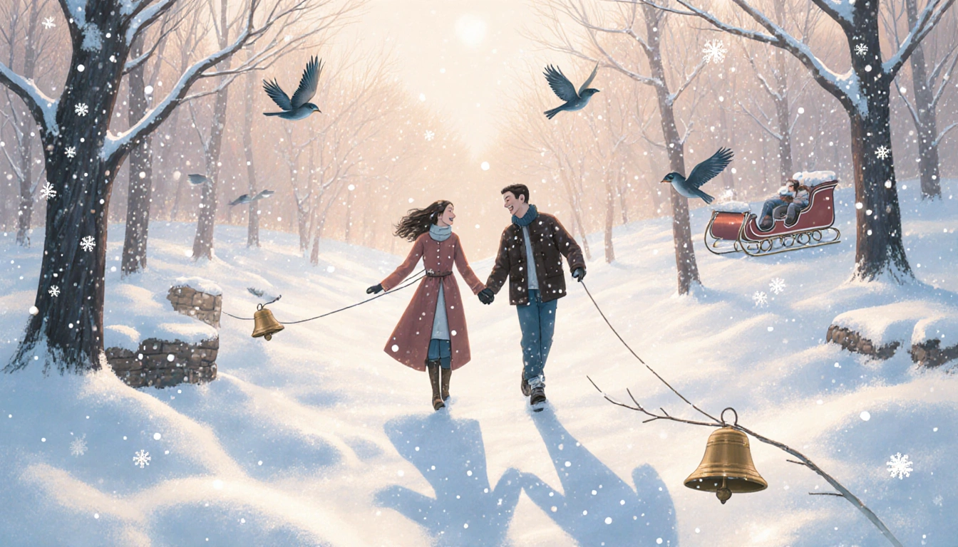 Couple walking hand-in-hand in winter romance through snowy landscape with snowflakes falling and sleigh bells