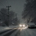 Abandoned cars glow with headlights against a snow-covered street in the Midwest and tangled power lines