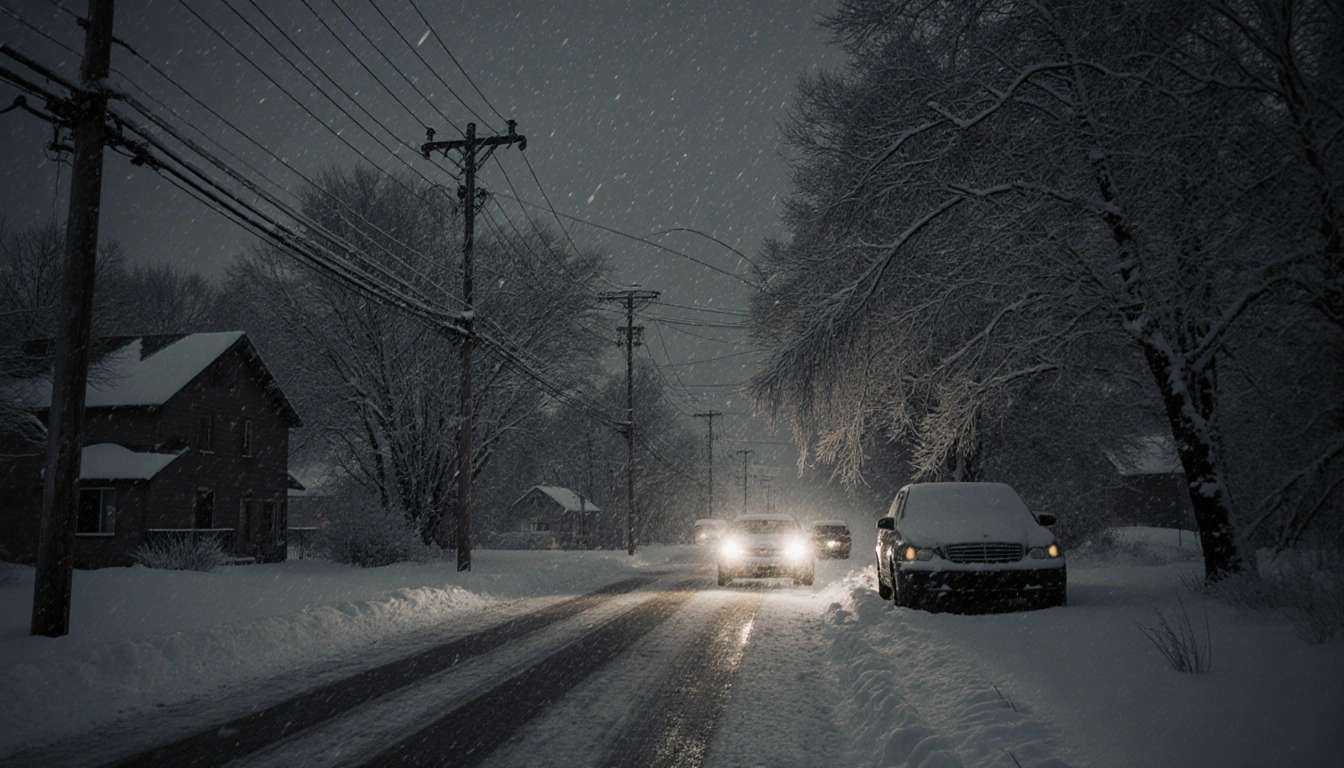 Abandoned cars glow with headlights against a snow-covered street in the Midwest and tangled power lines