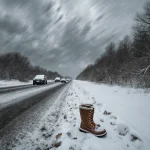 Snow boots standing on snowy highway with stranded cars and swirling storm clouds overhead.