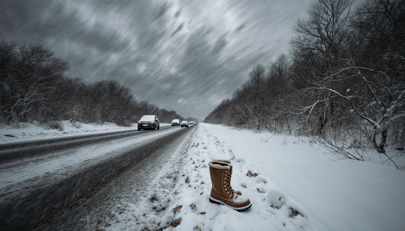 Snow boots standing on snowy highway with stranded cars and swirling storm clouds overhead.