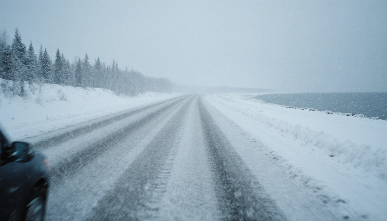 Blurred driver steering in whiteout with snow-covered road and distant Lake Superior shore