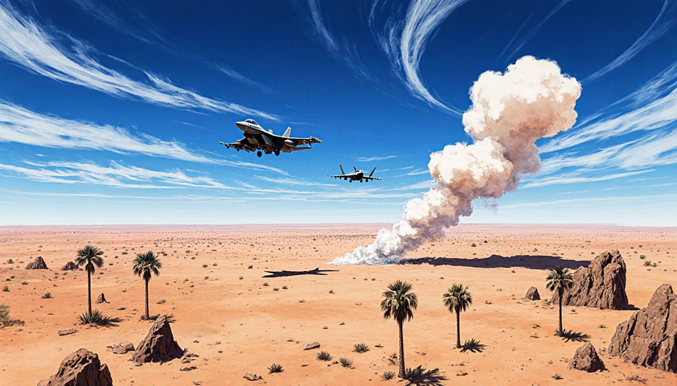 Military aircraft flies away from desert site with faint smoke plume and scattered palm trees.