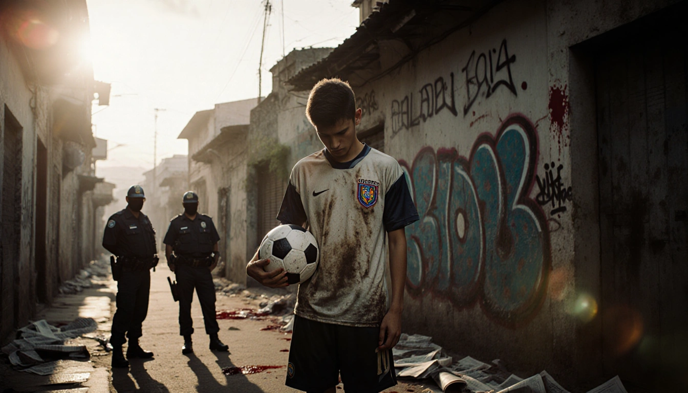 Young soccer player holding ball and looking down with graffiti wall and police officers in background
