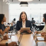 Becca Brown connects with donors via social media on her tablet with diverse seniors at a communal table.