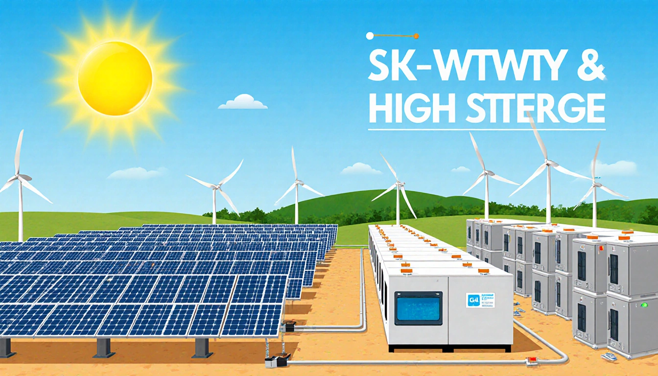 Solar panels deploying with battery units under bright sun and wind turbines in background showing gigawatt hours