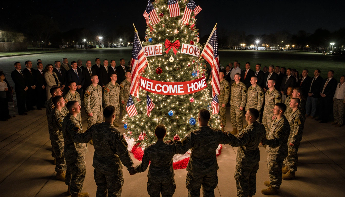 Soldiers holding hands around a Christmas tree with flags and lights banners read Home Sweet Home Welcome Home family greet