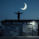 Solitary figure stretches arms with crescent moon above a garage rooftop at dusk