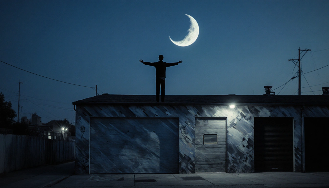 Solitary figure stretches arms with crescent moon above a garage rooftop at dusk