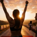 Sophi Balerdi raising her arms at Survivor Season 49 finish line with Texas sunset and Blake Haynes with microphone