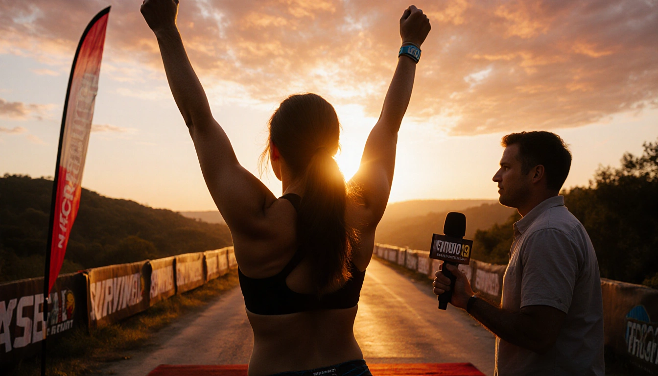 Sophi Balerdi raising her arms at Survivor Season 49 finish line with Texas sunset and Blake Haynes with microphone