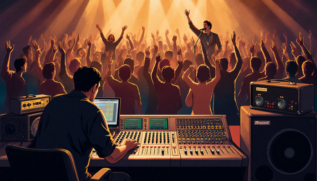 Sound engineer mixing the console with a cheering crowd and loud amplifiers in a packed concert