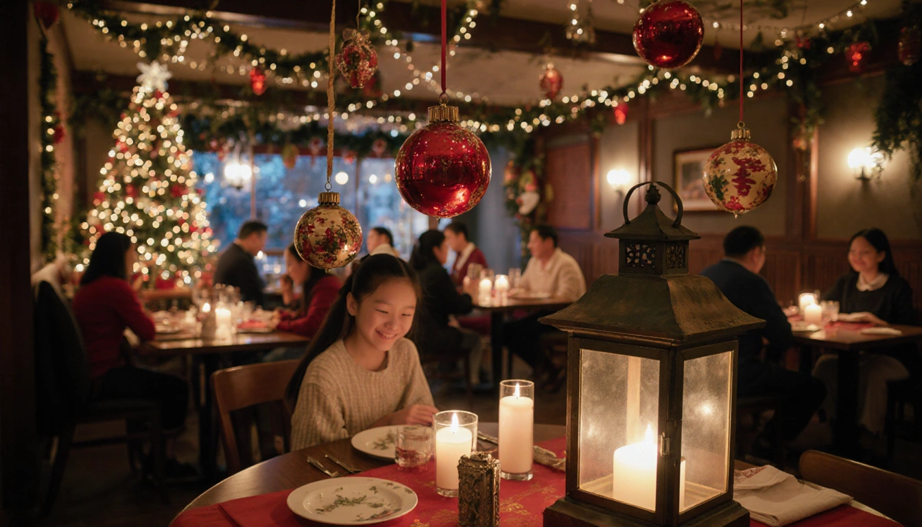 Families sharing hot pot with candlelight and handmade ornaments on Christmas Day