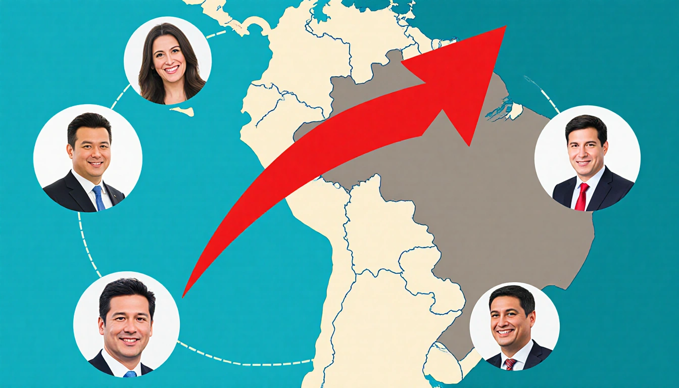 Stylized South America map showing red arrow eastward from Chile with leader icons around borders.