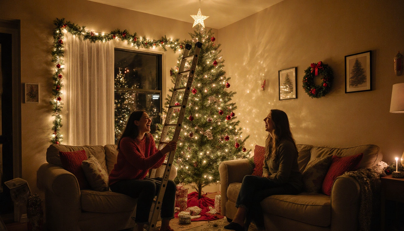 Veronica and Jade laughing with a 9-foot Christmas tree between two sofas in a cozy living room