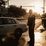 Police officer standing guard with sunrise glow behind him and crime scene tape pointing toward parked car