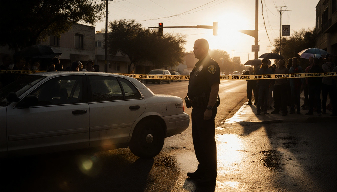 Police officer standing guard with sunrise glow behind him and crime scene tape pointing toward parked car