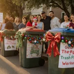Residents gathering around glittering trash cans with festive garlands and warm golden sunlight.