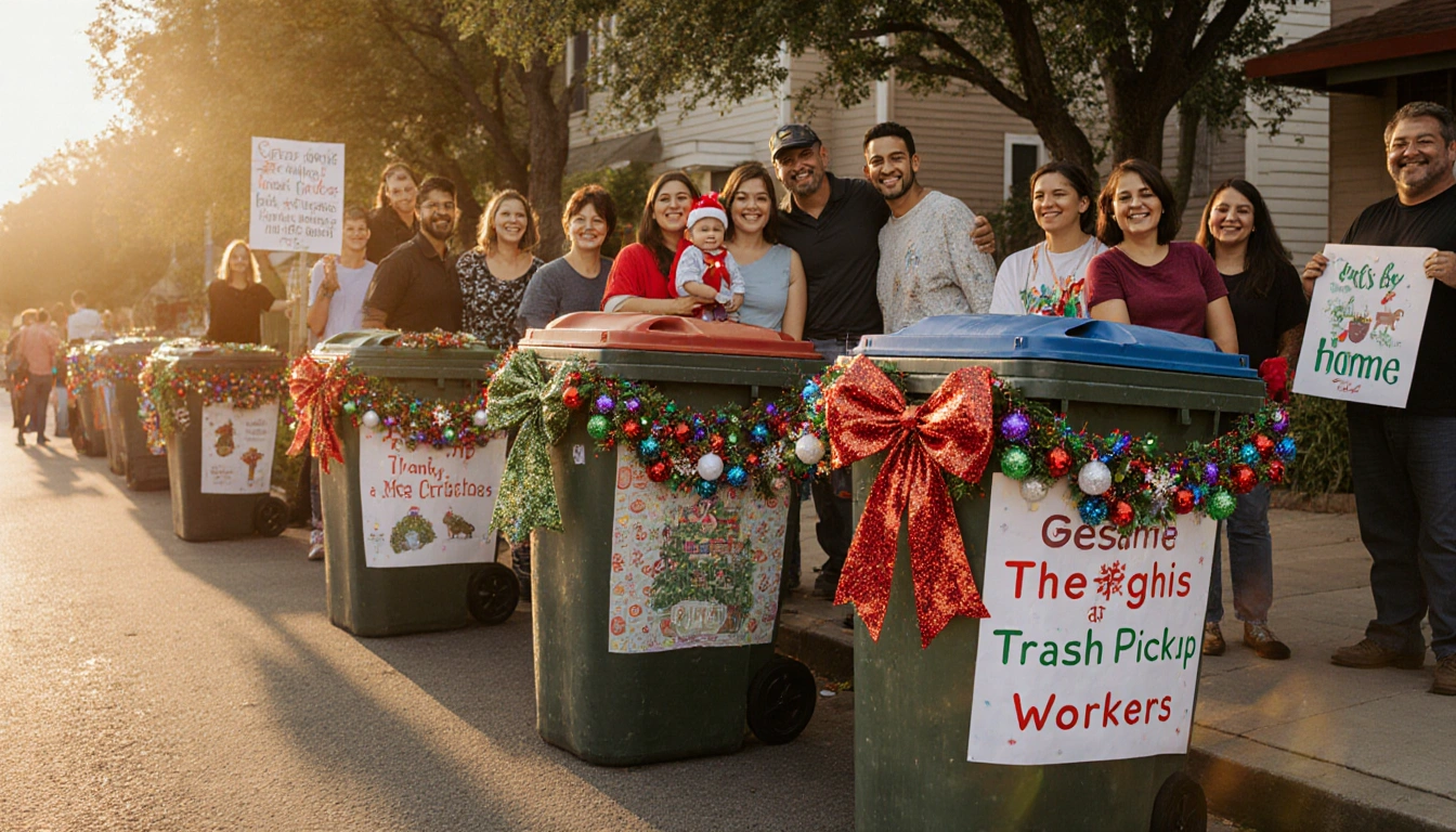 Residents gathering around glittering trash cans with festive garlands and warm golden sunlight.