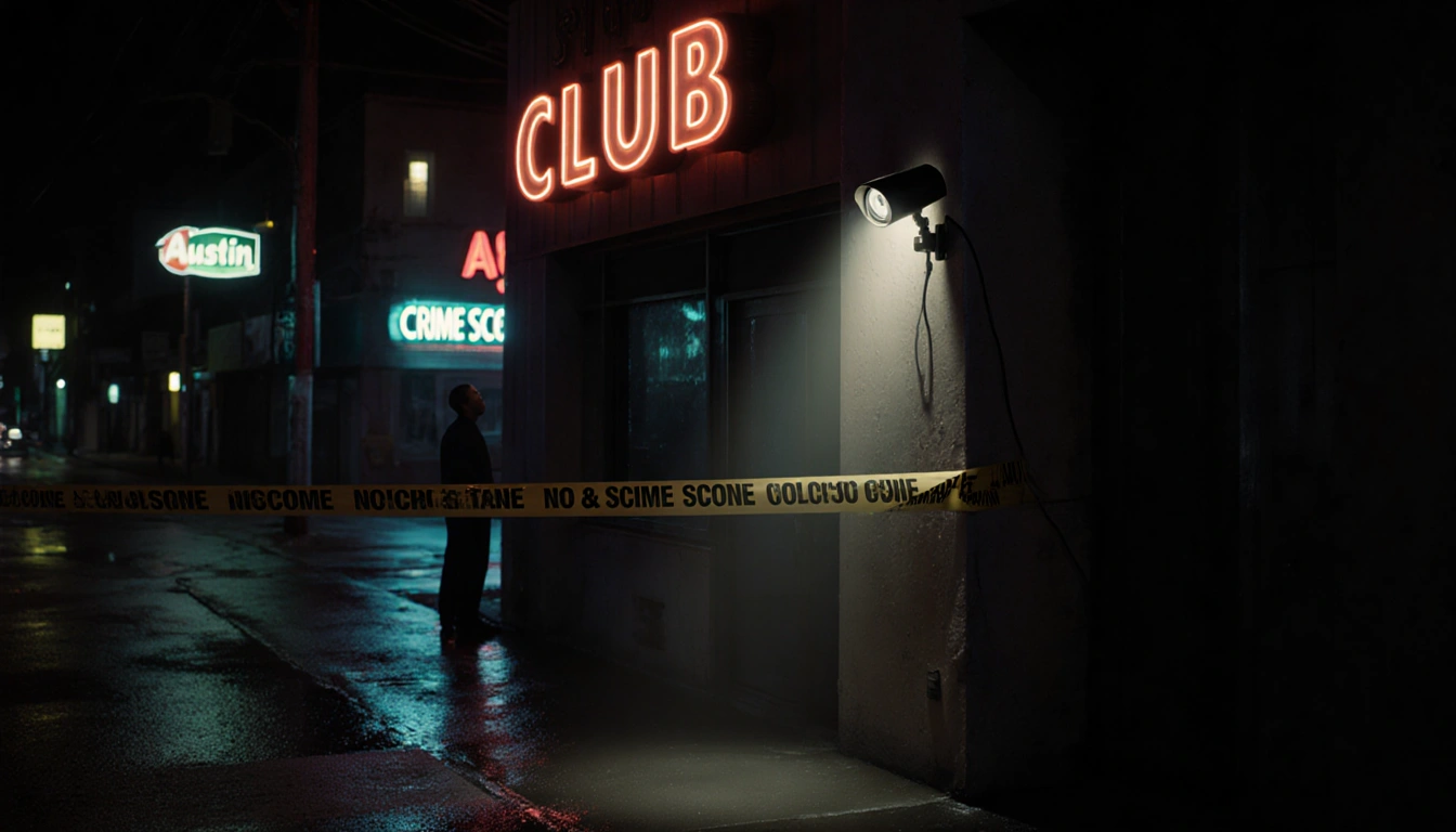 Spotlight shines on security camera with neon signs reflecting off wet pavement and crime tape nearby