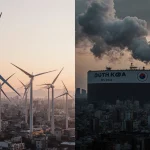 Wind turbines spinning with city skyline and smog from a nearby LNG plant.