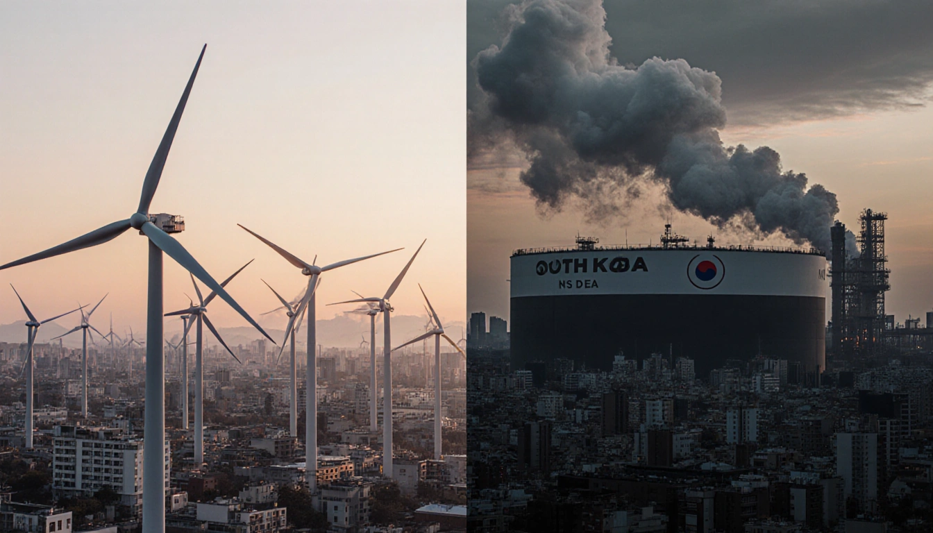 Wind turbines spinning with city skyline and smog from a nearby LNG plant.