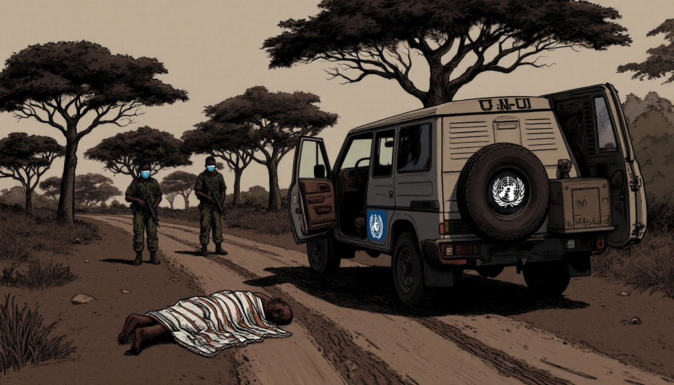 Interpreter lying near a U.N. vehicle with traditional cloth and security guards in background