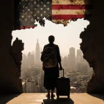 South Sudanese woman standing with worn backpack and suitcase in front of a torn American flag and city skyline behind