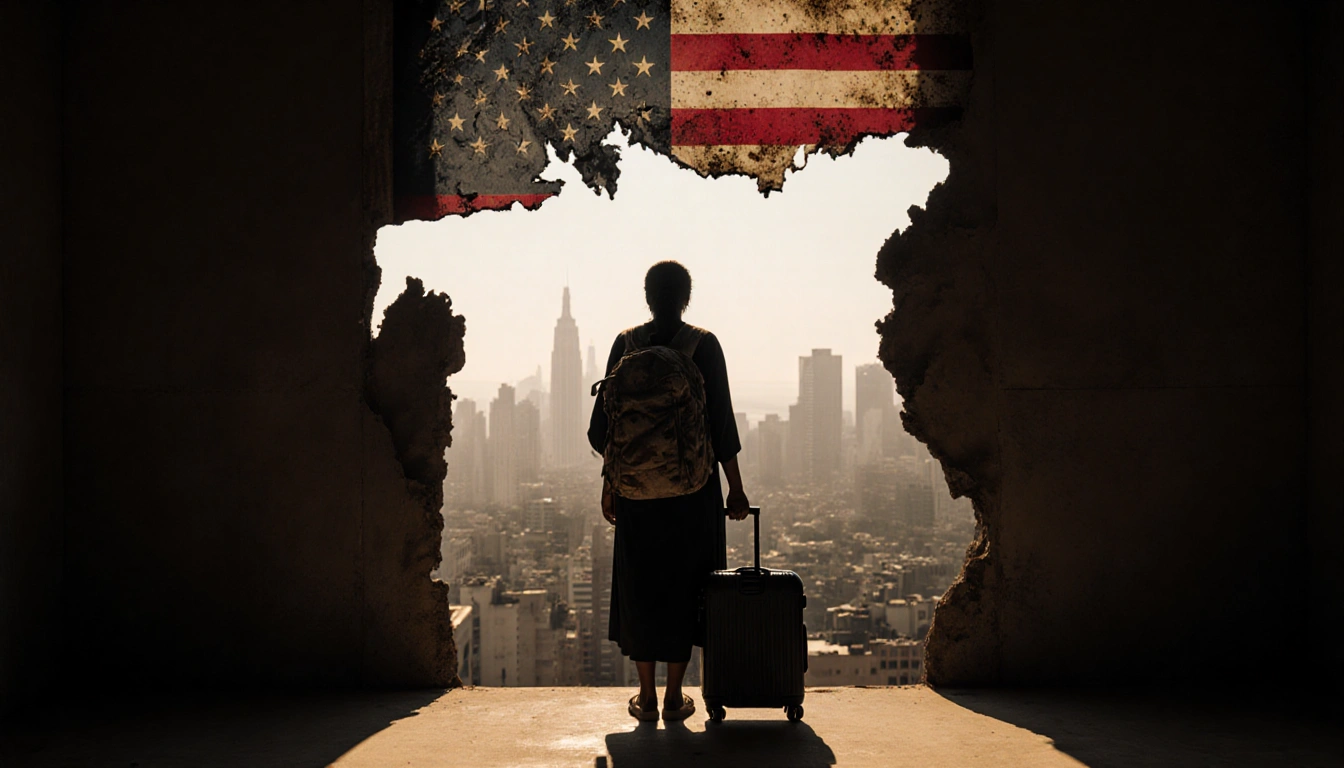 South Sudanese woman standing with worn backpack and suitcase in front of a torn American flag and city skyline behind