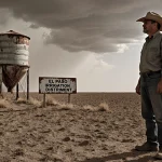 Farmer standing on dry South Texas field gazing out with cracked water tank and grey dust storm sky