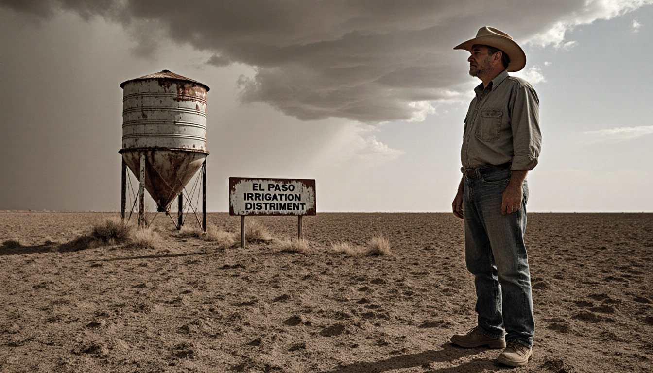 Farmer standing on dry South Texas field gazing out with cracked water tank and grey dust storm sky