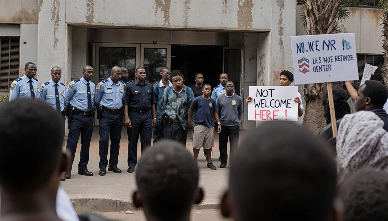 South African authorities standing at entrance of refugee center with Kenyan detainees escorted by officers and protest signs
