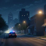 Police vehicle parked beside a streetlight with warm glow near buildings hinting at explosions in a nighttime cityscape.