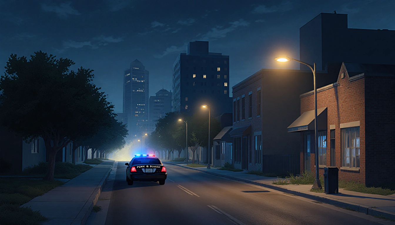 Police vehicle parked beside a streetlight with warm glow near buildings hinting at explosions in a nighttime cityscape.