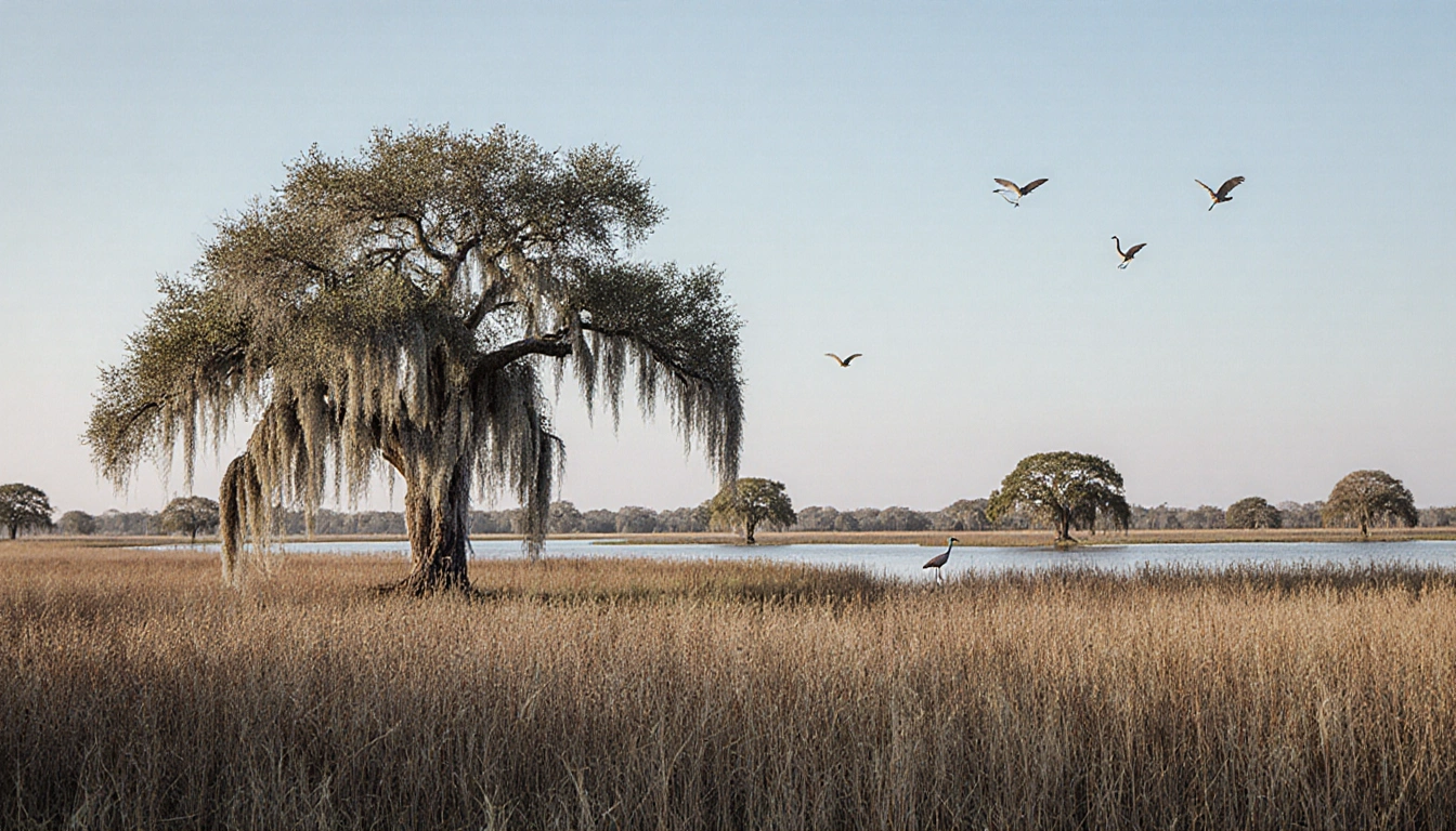 Tall trees sway across wetland with whooping cranes flying over serene lake near horizon