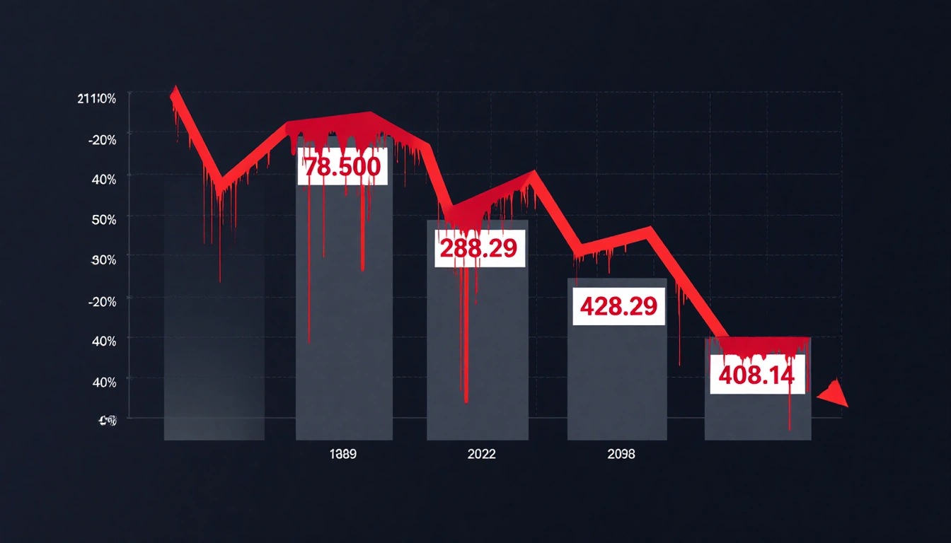 Stock indices plummet with S&P 500 ticker falling 78.83 points and red ink dripping like blood while Dow and Nasdaq bars desc