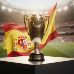 Trophy gleaming with Spanish flag pattern behind and blurred soccer stadium lights in background