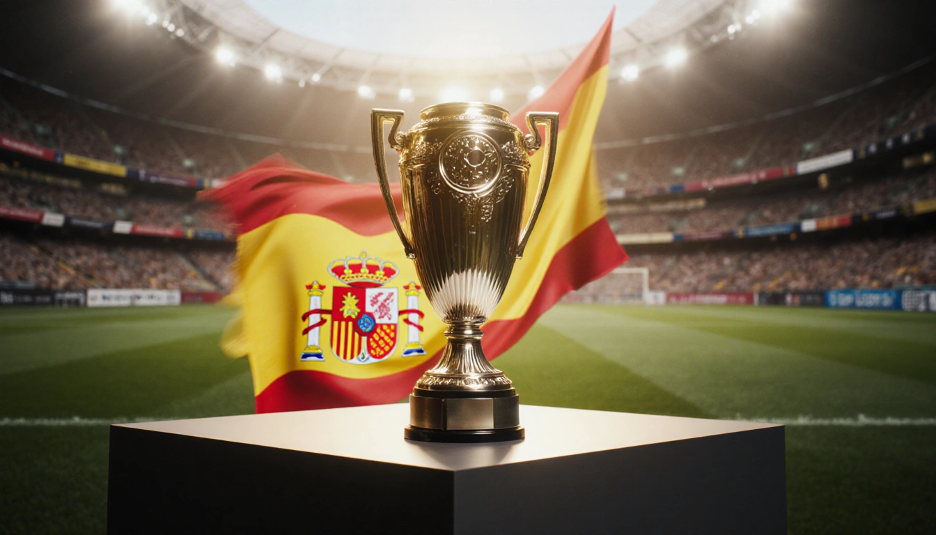 Trophy gleaming with Spanish flag pattern behind and blurred soccer stadium lights in background