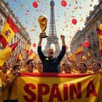 Spanish coach raising the victorious World Cup trophy with teammates and jubilant fans in Madrid streets