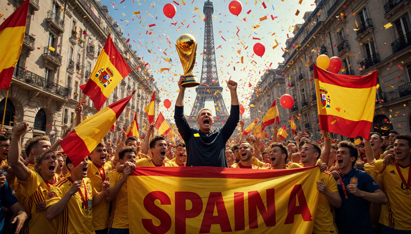 Spanish coach raising the victorious World Cup trophy with teammates and jubilant fans in Madrid streets