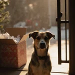 Sparky sits calmly near an open gate with a partially open Christmas box revealing torn wrapping paper hinting at a rescue