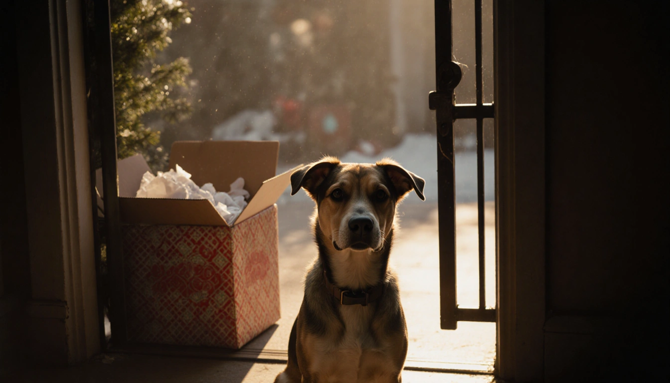 Sparky sits calmly near an open gate with a partially open Christmas box revealing torn wrapping paper hinting at a rescue